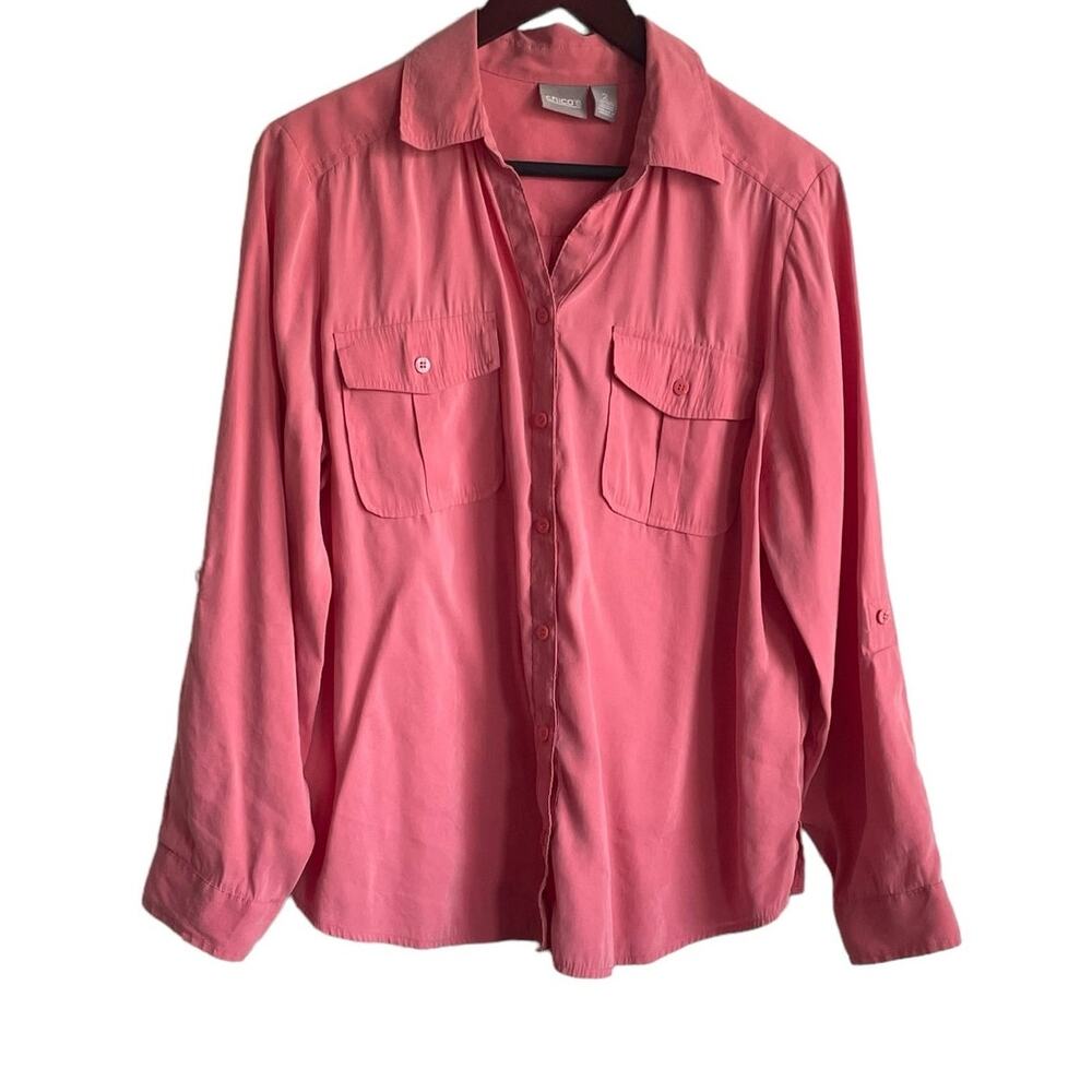 Chicos Women‎ Top L Peach Long Roll Tab Sleeve Button Up Office Travel Mature